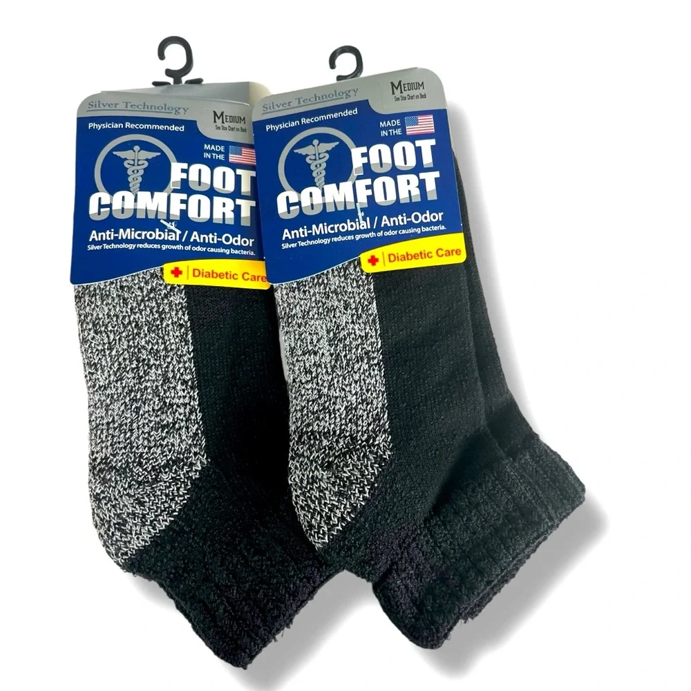 Foot Comfort Mens Size M 4.5-8 Black Gray Quarter Diabetic Socks USA Made 2 Pair